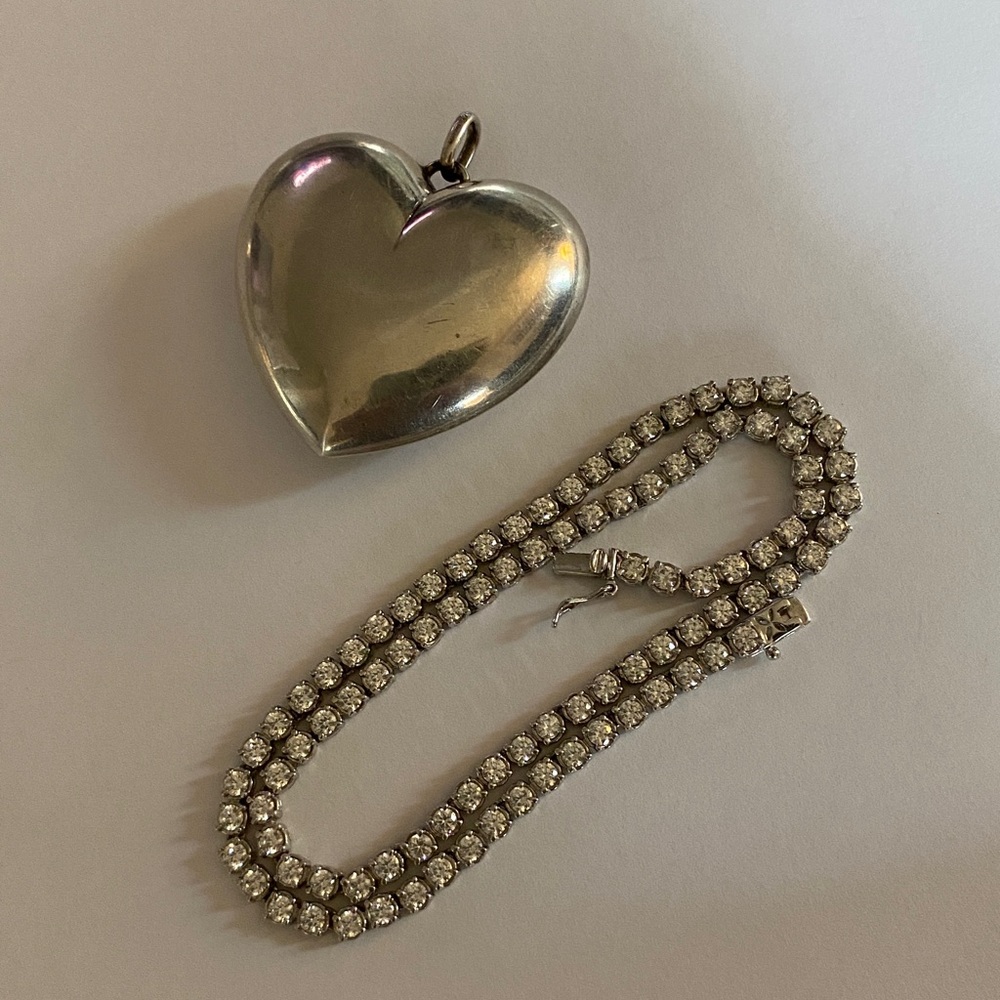 Sterling CZ Tennis Necklace w/ Huge Sterling Heart Pendant - Picture 9 of 17